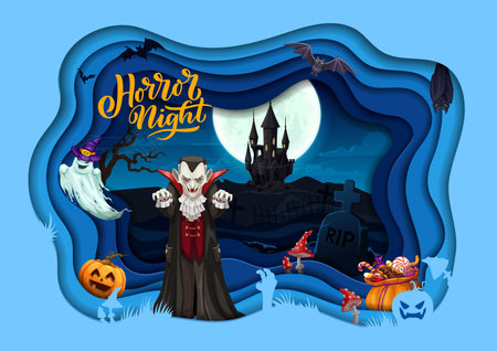 Halloween cartoon vampire paper cut poster. Cartoon vector 3d design with scary characters dracula, ghosts and zombie hands. Pumkin, sweets and haunted house at night cemetery holiday scary monstersのイラスト素材