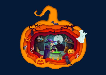 Halloween paper cut cartoon witch with magic potion pot in cave. Vector party poster, old hag cook in cauldron with green boiling goo inside of 3d jack lantern pumpkin frame with spooky ghost and catのイラスト素材