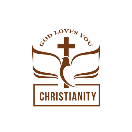 christianity religion icon with Holy Spirit dove and cross. Christian commune or church outline vector sign. Christian confession emblem or icon with pigeon bird and Bible pagesのイラスト素材