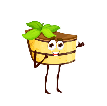 Cartoon cheesecake dessert character. Isolated vector cheerful slice of cake, confectionery kids menu personage with chocolate and mint leaves. Smiling pastry or bakery funny patisserie pieのイラスト素材