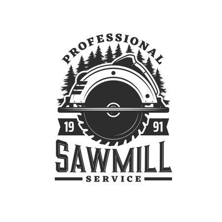 Sawmill icon with spruce or pine trees silhouettes and hand circular saw. Carpenter shop or lumber monochrome vector symbol or retro icon. Logging industry and woodwork tools vintage sign or badgeのイラスト素材