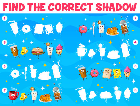 Cartoon breakfast food characters. Find the correct shadow. Shadow match puzzle, similarity search quiz vector worksheet with sandwich, donut and pancake, toast, cheese and coffee cheerful charactersのイラスト素材