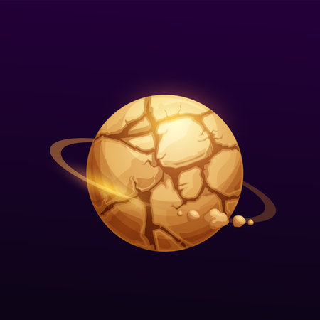 Brown space planet with cracks and rings, vector cartoon fantasy world game icon. Alien planet earth with asteroid rock rings or Saturn with cracked stone surface in fantastic galactic universeのイラスト素材