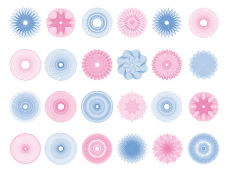 Certificate guilloche rosettes, diploma watermarks. Certificate, bank banknote watermark stamps, voucher and official document graphic vector seals. Money currency guilloche intricate patternsのイラスト素材