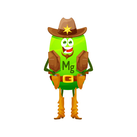 Cartoon wild west magnesium sheriff character or ranger micronutrient. Funny vector Mg cowboy with star badge and guns on belt. Armed texas police personage, western heroのイラスト素材