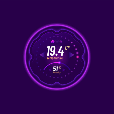 Thermostat, smart thermometer and temperature control dial. Vector digital air conditioner with neon display, temperature, humidity indicators. Heater or climate control system regulatorのイラスト素材