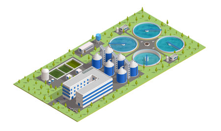 Isometric treatment plant. Sewage and wastewater filtration, purification, aeration and settling tanks. Vector facilities of waste water cleaning station with tanks, pipes, pumps and water towersのイラスト素材