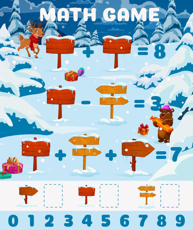 Christmas forest, wooden signs, cartoon deer and bear characters math game worksheet. Vector puzzle quiz or counting riddle with addition and subtraction exercises on snow nature backgroundのイラスト素材