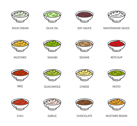 Sauce icons, ketchup BBQ, mayonnaise and mustard in bowls, vector fast food dressing. Sauce bowl line icons of mayo, tomato and soy sauce for barbecue, sour cream, spicy chili and cheese flavor dipのイラスト素材