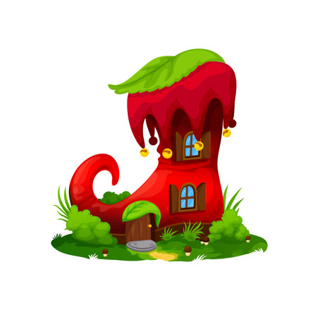 Cartoon red boot house building or dwelling, isolated vector fairytale clownish footwear house with long curve nose. Fairy, dwarf or gnome cottage. Fantasy home in old shoe with wooden doorのイラスト素材