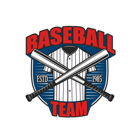 Baseball sport team icon or softball team club vector symbol. Baseball varsity team emblem with catcher or pitcher shirt uniform and crossed bats, tournament or championship game signのイラスト素材
