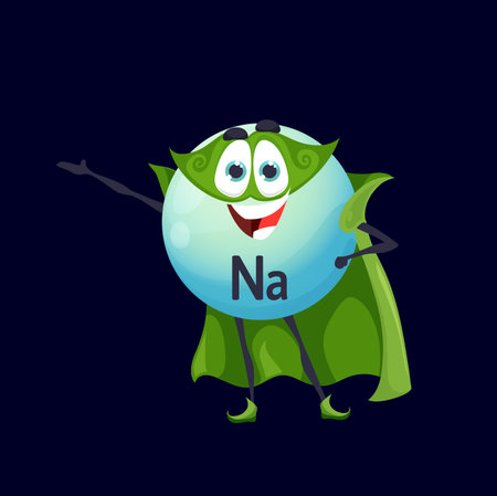 Cartoon sodium or natrium superhero micronutrient character. Comic vector Na supplement super hero personage in green cloak and mask. Healthy food bubble, isolated brave vtamin, fairy tale nutrientのイラスト素材
