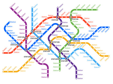 subway transport map. Metropolis metro system, city subway lines vector plan. Urban transport, railroad network or passenger transportation routes, bus or tram stations schemeのイラスト素材