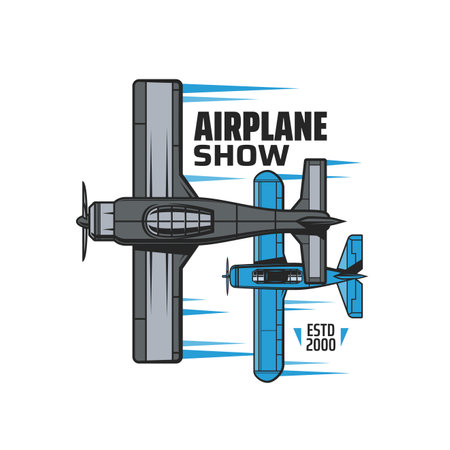 Airplane show icon with vintage propeller planes. Airshow event, aviation history exhibition vector emblem or icon with vintage propeller monoplanes, old military fighters or bombers planesのイラスト素材