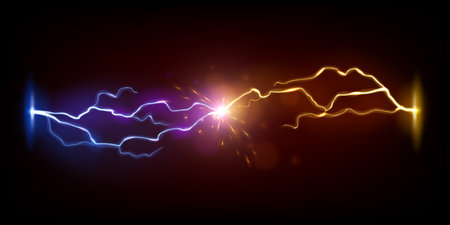 Lightning vs thunderbolt. Conflict or challenge concept with opposing thunderbolt blue and fiery flashes, electric energy discharge sparkles, lightning impacts light effect realistic vector backgroundのイラスト素材