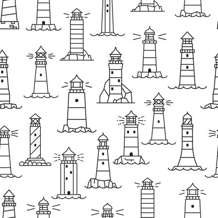 Lighthouse and beacon silhouette seamless pattern. Nautical wallpaper, sailing and sea travel outline vector background. Marine textile print with lighthouse building on seacoast rockのイラスト素材