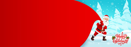 Christmas banner with santa and big gifts bag. Cartoon Noel with red sack frame in snowy forest. Vector christmas seasonal greeting card or placard template with funny Santa deliver new year presentsのイラスト素材