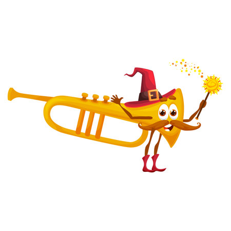 Cartoon trumpet wizard character, fantasy musical wind instrument wear witch hat with wand in hand. Isolated vector horn woodwind music pipe personage for music school educational kids classesのイラスト素材