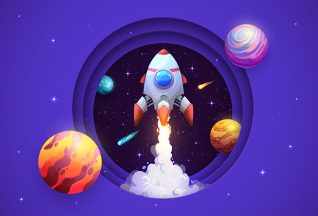 Space paper cut rocket launch and galaxy planets. Vector 3d layered papercut round frame with cartoon rocket, shuttle or spaceship on dark space background with stars, planets, asteroids and meteorsのイラスト素材