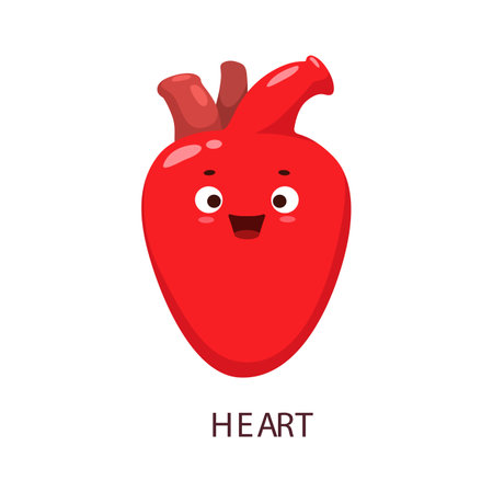 Cartoon red heart human body organ character. Vector personage of cardiac anatomy and cardiology medicine. Cute heart with healthy coronary artery, blood aorta and vein, funny face and happy smileのイラスト素材