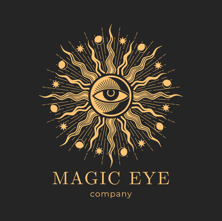 Occult, witchcraft and magic icon. All seeing eye and sun, moon and star witchcraft ritual symbol or tattoo. Astrology sacred emblem, occultism seal and magic sign, tarot spiritual vector circle iconのイラスト素材