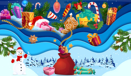 Christmas paper cut Santa gifts bag with presents and snowman. Vector winter holiday card of Xmas tree branches, gift boxes, balls and candy canes, snowflakes and bell on snowy forest backgroundのイラスト素材