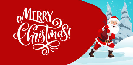 Christmas banner with Santas gift bag, vector Xmas winter holidays. Santa Claus cartoon character with festive red hat and costume carrying huge sack full of Christmas presents through snowy forestのイラスト素材