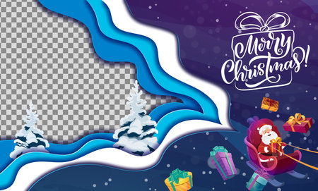 Christmas paper cut frame with Santa on sleigh and vector Xmas trees. Winter holidays flying sledge with Santa Claus cartoon character, gifts bag and presents 3d layered papercut wavy frame bordersのイラスト素材