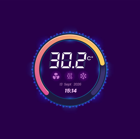 Thermostat thermometer temperature control dial. Conditioning equipment, home climate control app interface electronic bar, vector digital indicator, thermostat display regulator or temperature dialのイラスト素材