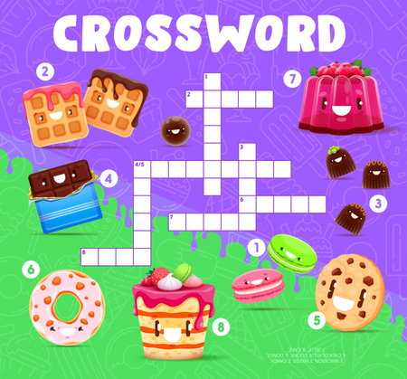 Crossword quiz grid. Cartoon sweets and dessert characters. Kids wordsearch game, crossword vector worksheet with funny waffle, chocolate bar and donut, cheesecake, maracon and cookie, jelly puddingのイラスト素材