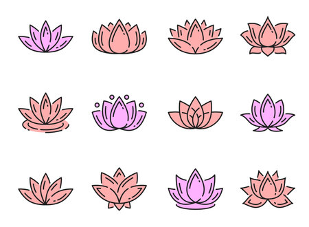 Color outline lotus icons, yoga and meditation flowers, vector floral symbols. Pink lotus flower of Oriental Spa, Ayurveda relax and Buddhism Zen meditation ornament, lotus petal buds linear iconsのイラスト素材