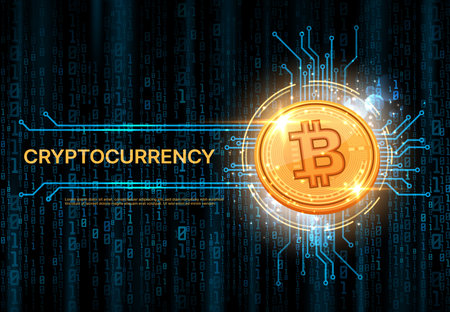 Bitcoin crypto currency banner. Cryptocurrency wallet backdrop or wallpaper, bitcoin mining vector...
