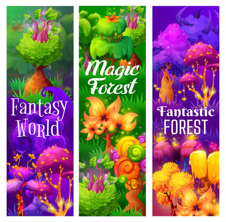 Fantastic and fairy magic trees and plants, fairytale forest. Cartoon vector banners with funny mushrooms in fantasy forest. Vertical cards or bookmarks with strange glow fungi, odd alien plantsのイラスト素材