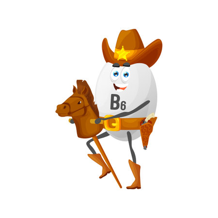 Cartoon vitamin B6 cowboy or ranger character. Funny vector adermin sheriff riding on wooden horse. Wild west personage in hat with star badge, texas western hero characterのイラスト素材