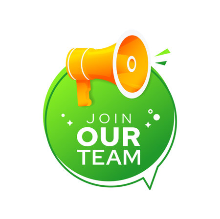 Join our team, recruit company icon. Employee wanted, vacancy announcement symbol, job candidate search vector label. Company staff recruitment, career promo sign with loudspeaker, speak bubbleのイラスト素材
