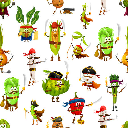 Cartoon pirate and corsair vegetables seamless pattern. Textile vector print with kohlrabi, corn, and olive, salad, pea and onion, radish, pepper, asparagus and romanesco pirate personageのイラスト素材