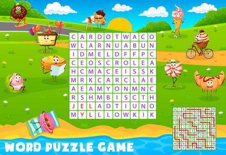 Cartoon desserts, sweets, cookie and cake characters. Word search puzzle game. Child intelligence test, vocabulary and letters learning game vector worksheet with donut, candy and croissant, pancakesのイラスト素材