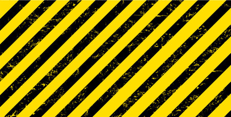 Grunge yellow and black stripes warning industrial background. Vector warn caution, construction, safety backdrop with diagonal lines and grungy texture for road or factory attenstionのイラスト素材