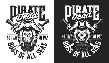 Pirate captain character skull with crossed sabers. T-shirt print or vector emblem of sport team or sailing club with creepy and scary pirate, filibuster or corsair toothy, hairy skull in tricorn hatのイラスト素材