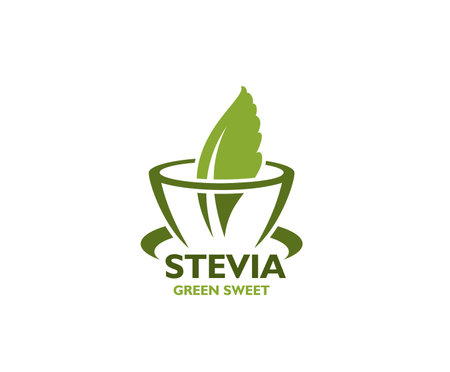 Stevia icon. Stevia product minimalistic emblem, organic food simple vector sign or emblem. Stevia leaves natural and healthy sweetener minimalistic icon with tea cup and green leafのイラスト素材