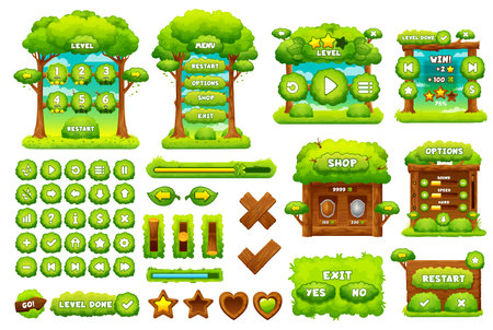 Green forest game interface. Ui game buttons, gui elements game asset. Vector menu panel, exit or restart options, progress bar and level ux icons with plants, wood and trees. Cartoon gaming kitのイラスト素材