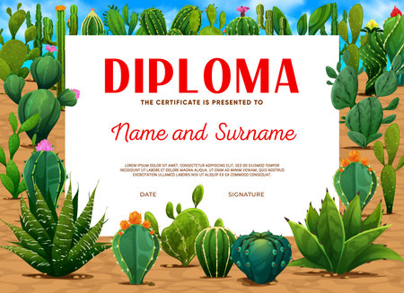 Kids diploma mexican prickly cactus succulents. Vector education school certificate template with cartoon desert cacti flowers. Appreciation or graduation award frame, winner trophy graphics layoutのイラスト素材