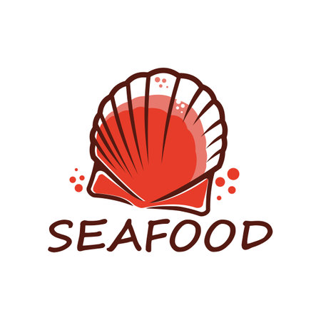 Scallop seafood icon. Fresh fish market symbol, fishing company vector emblem or sign. Asian cuisine restaurant or bar sea food menu icon with isolated red clam shell, water bubblesのイラスト素材