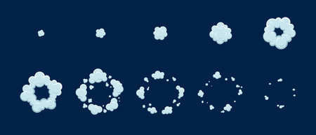 Cartoon smoke explosion game sprite asset, animate effect. Vector cloud blasts animation sequence frame. Explode bomb boom, puff steam or powder shot storyboard movement for comics artのイラスト素材