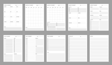 Planner schedule. Time organization and management printable timetable vector templates. Year and month calendar blank schedules, education, work or exercises weekly or daily planners with To Do listのイラスト素材