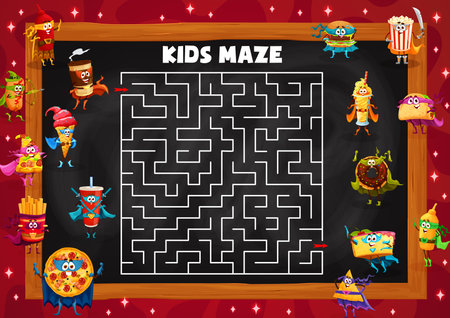 Labyrinth maze. Help to fast food characters find exit. Labyrinth puzzle vector worksheet or find way from labyrinth quiz with ketchup, coffee, hotdog and pizza, soda, hamburger defender personagesのイラスト素材