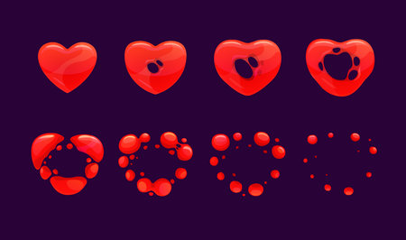 Heart explosion sprite, vector animation sequence frame with red cartoon heart disappear in air. Love spell, boom comic book effect, ui or gui storyboard motion and diffusion vfx effectのイラスト素材