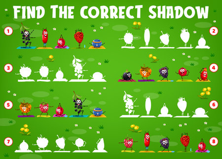 Find the correct shadow cartoon berry characters on yoga fitness. Kids matching game vector worksheet with birds cherry, cloudberry, barberry and cranberry. Raspberry, blueberry, strawberry and grapeのイラスト素材