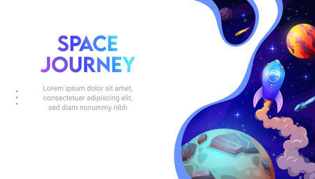 Space landing page. Space journey. Paper cut galaxy landscape on startup launch web page, business project social media vector homepage, company landing page template with rocket, fantasy planetsのイラスト素材