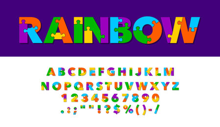 Puzzle font type, jigsaw typeface or creative alphabet letters, vector typography. Rainbow color puzzle font for school or toy game jigsaw ABC typescript with numbers and letters in colorful mosaicのイラスト素材